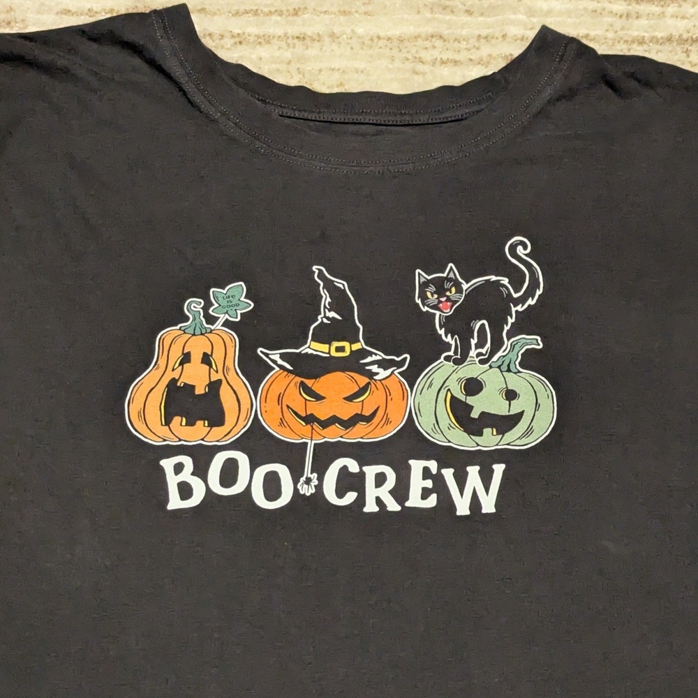 Life is Good Boo Crew Shirt Mens XXL Black Long Sleeve Halloween Pumpkin Cat Tee